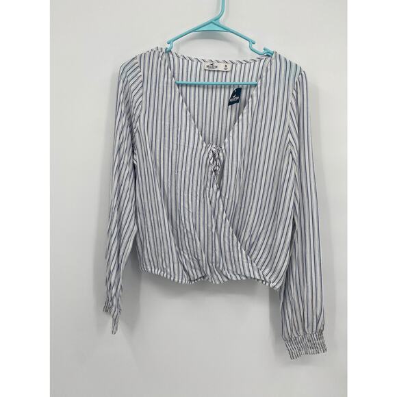 Hollister Blue White Stripe Long Sleeve Crop Wrap Top Medium NWT - Picture 1 of 9